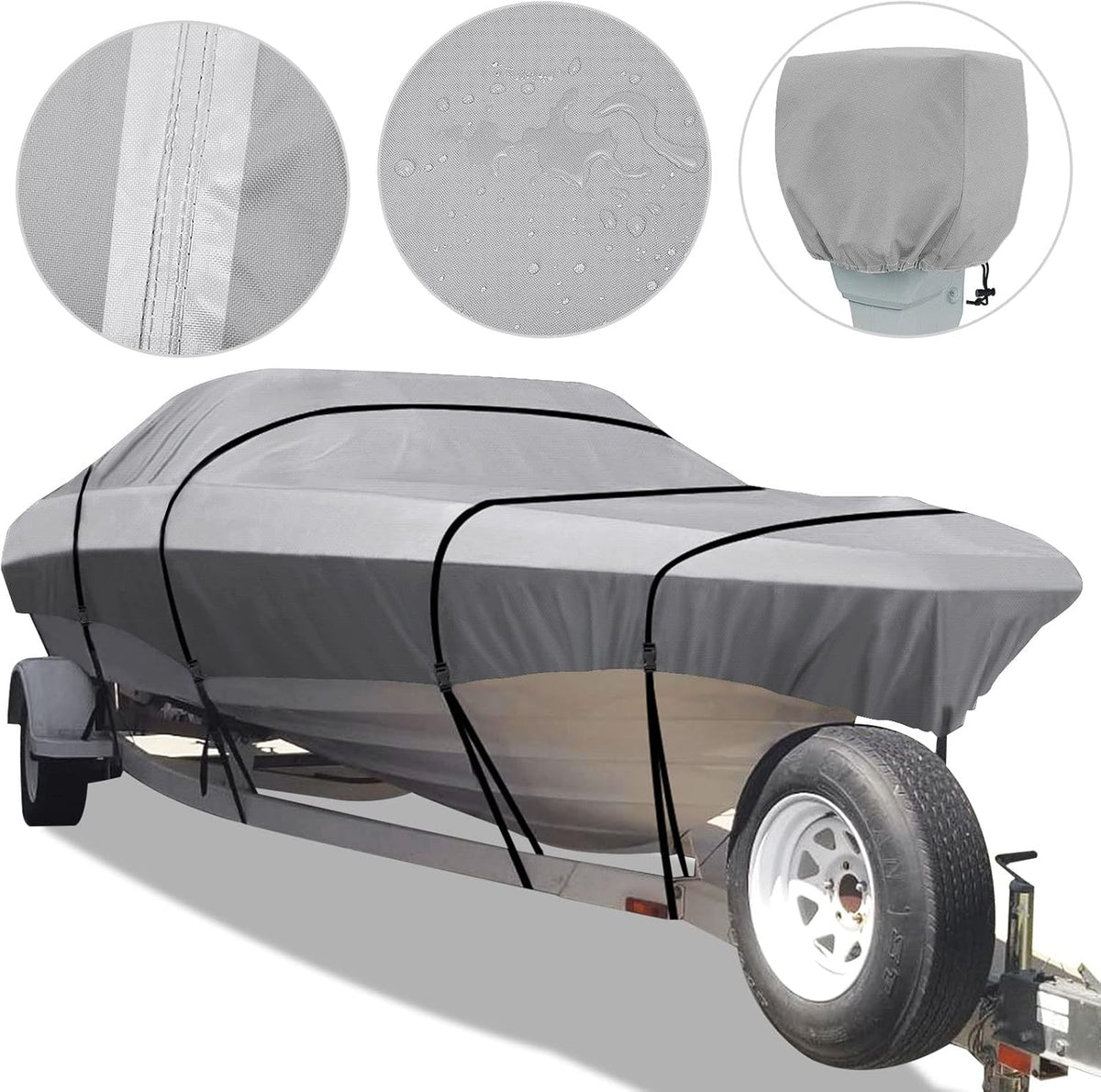 800D Waterproof V-Hull Boat Cover with Motor Cover (17-19' Beam Width: up to 96", Gray) I840475