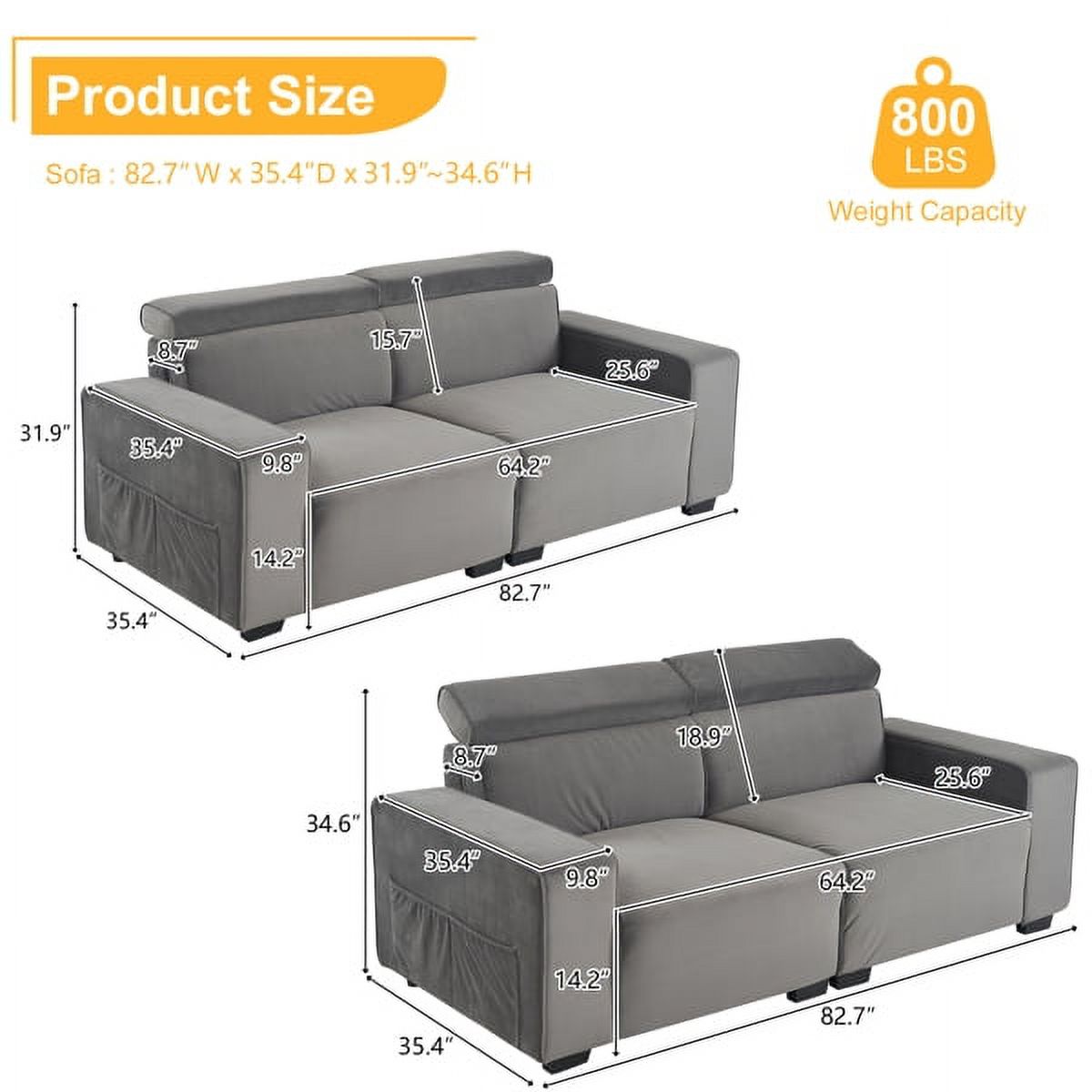 Dark Gray Velvet Two-Seater Sofa with Removable Armrests G35745