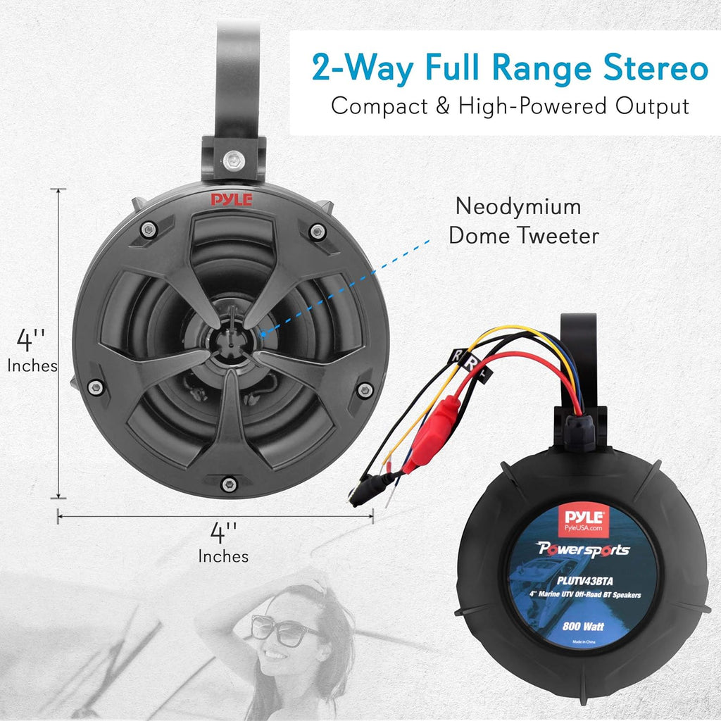 4” Waterproof Bluetooth Speakers with Amplified Speaker System for ATV/UTV, Aux Input, Marine Grade Weatherproof, 12V Vehicles A12322