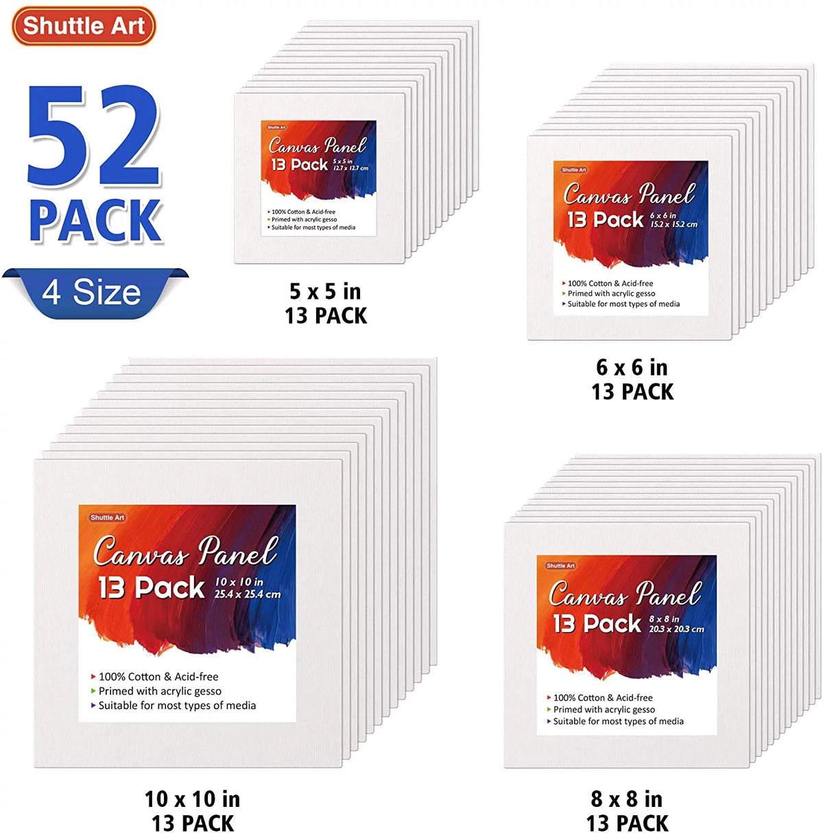 52 Multi Pack 100% Cotton Primed White Canvas Panel T112