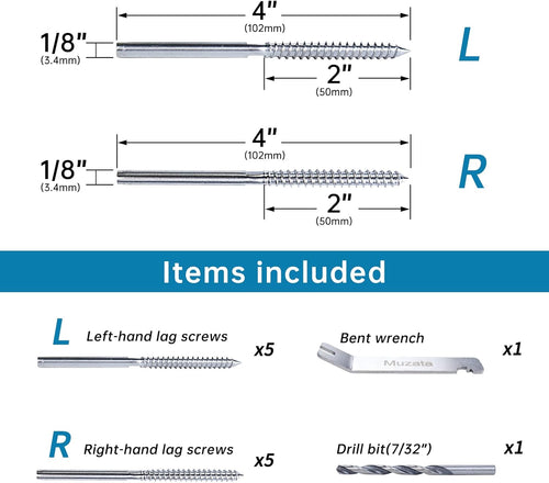 1/8 Swage Lag Screws Left & Right Cable Railing Hardware Kit T316 Stainless Steel 5 Pairs P228