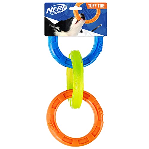 10.5in Rubber 3-Ring Tug Dog Toy, Blue/Green/Orange W957