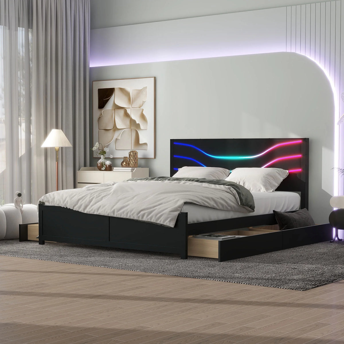Queen Size Platform Bed with LED Light and 4 Storage Drawers Y8967