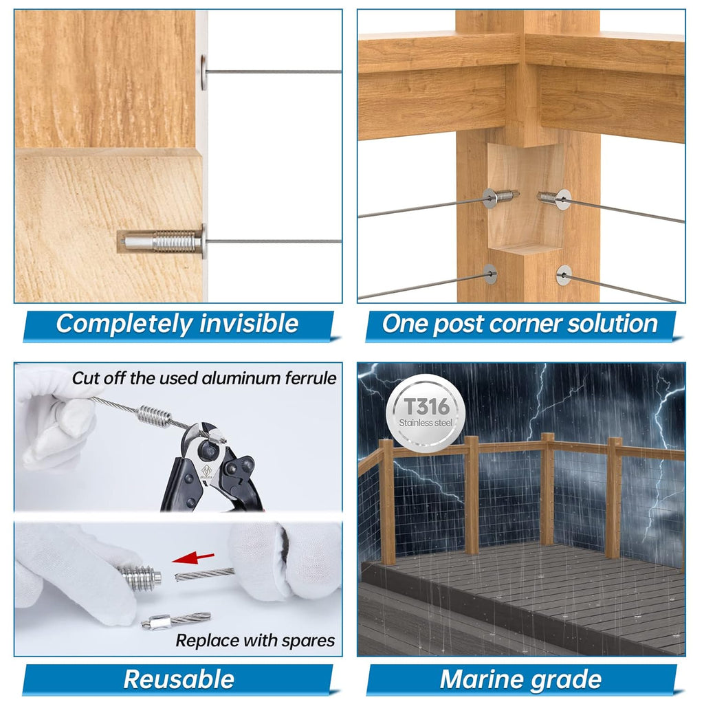 20Pack 1/8" Invisible Cable Railing Kit T316 Stainless Steel for Wood Posts Deck Stairs 10 Cable Lines G98899