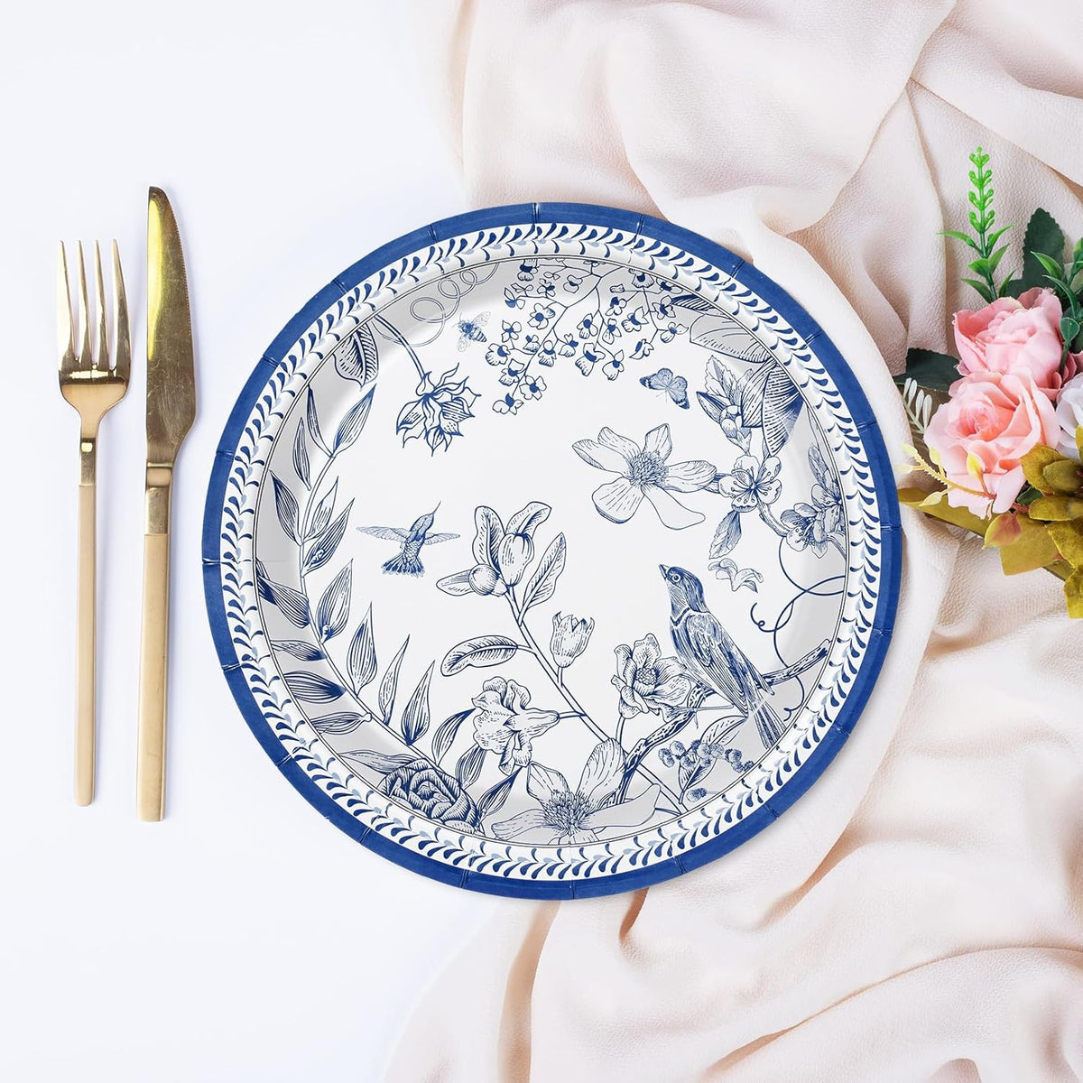 24Pcs Blue White 9 Inch Disposable Paper Plates Q1068