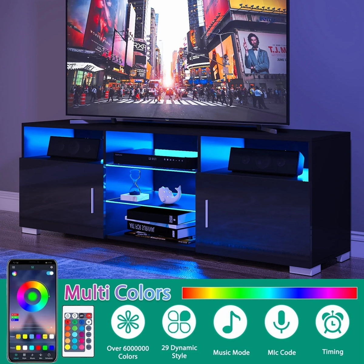 57'' TV Stand with RGB LED Light and Glass Shelves E2209