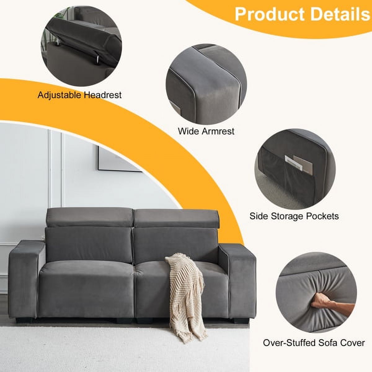 Dark Gray Velvet Two-Seater Sofa with Removable Armrests G35745