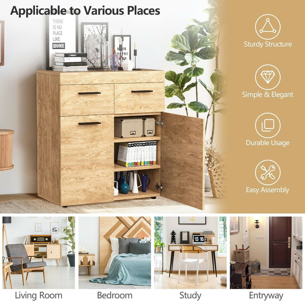 Oak Storage Cabinet with 2 Drawers Doors and Shelves K458073
