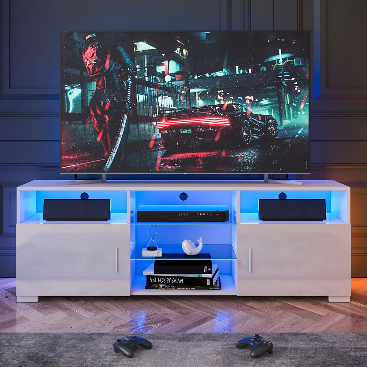 57'' TV Stand with RGB LED Light and Glass Shelves E2209