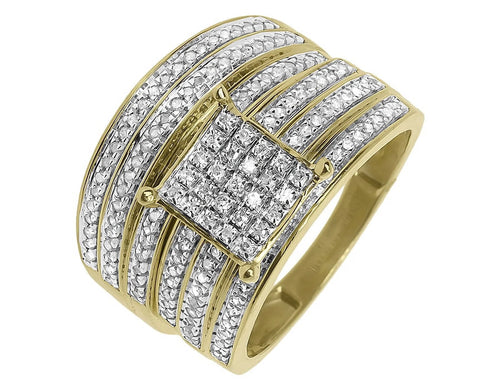 10k Yellow Gold 3 Row Pave Diamond Wedding Trio Ring Set Z50977