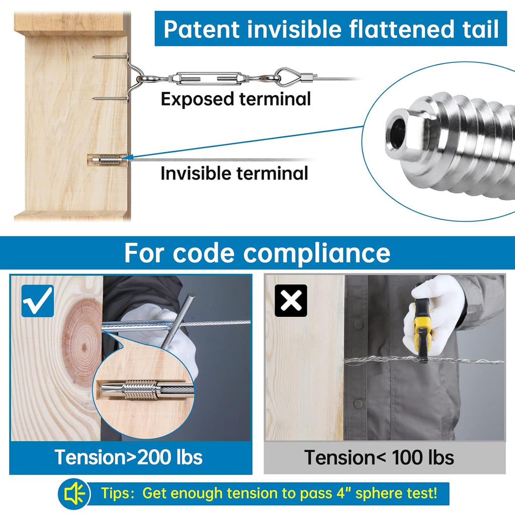 20Pack 1/8" Invisible Cable Railing Kit T316 Stainless Steel for Wood Posts Deck Stairs 10 Cable Lines G98899