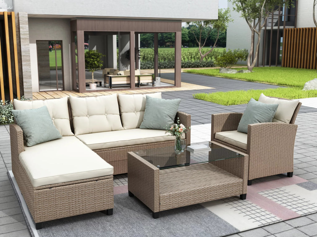 Beige Brown 4 Piece Wicker Rattan Sectional Sofa F228