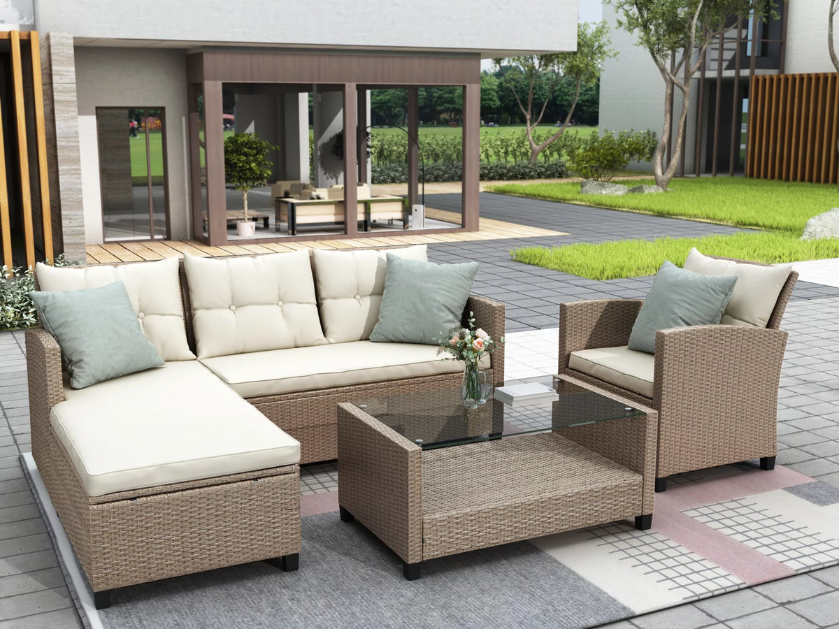 Beige Brown 4 Piece Wicker Rattan Sectional Sofa F228