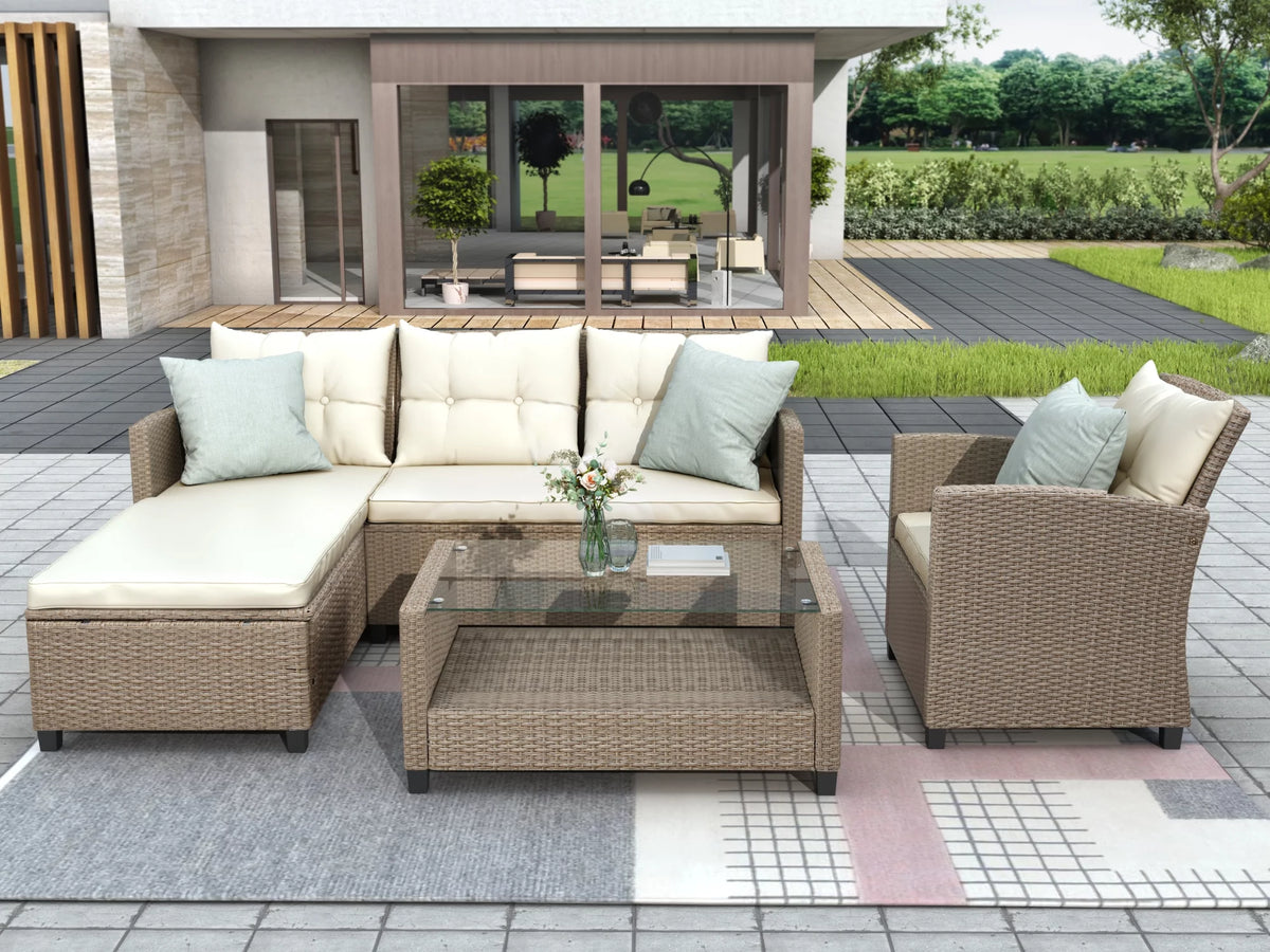 Beige Brown 4 Piece Wicker Rattan Sectional Sofa F228