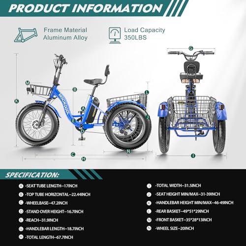 20" x 4" Fat Tire 48V 500W 3 Wheels 7 Speed Electric Tricycle with Removable Battery N69189