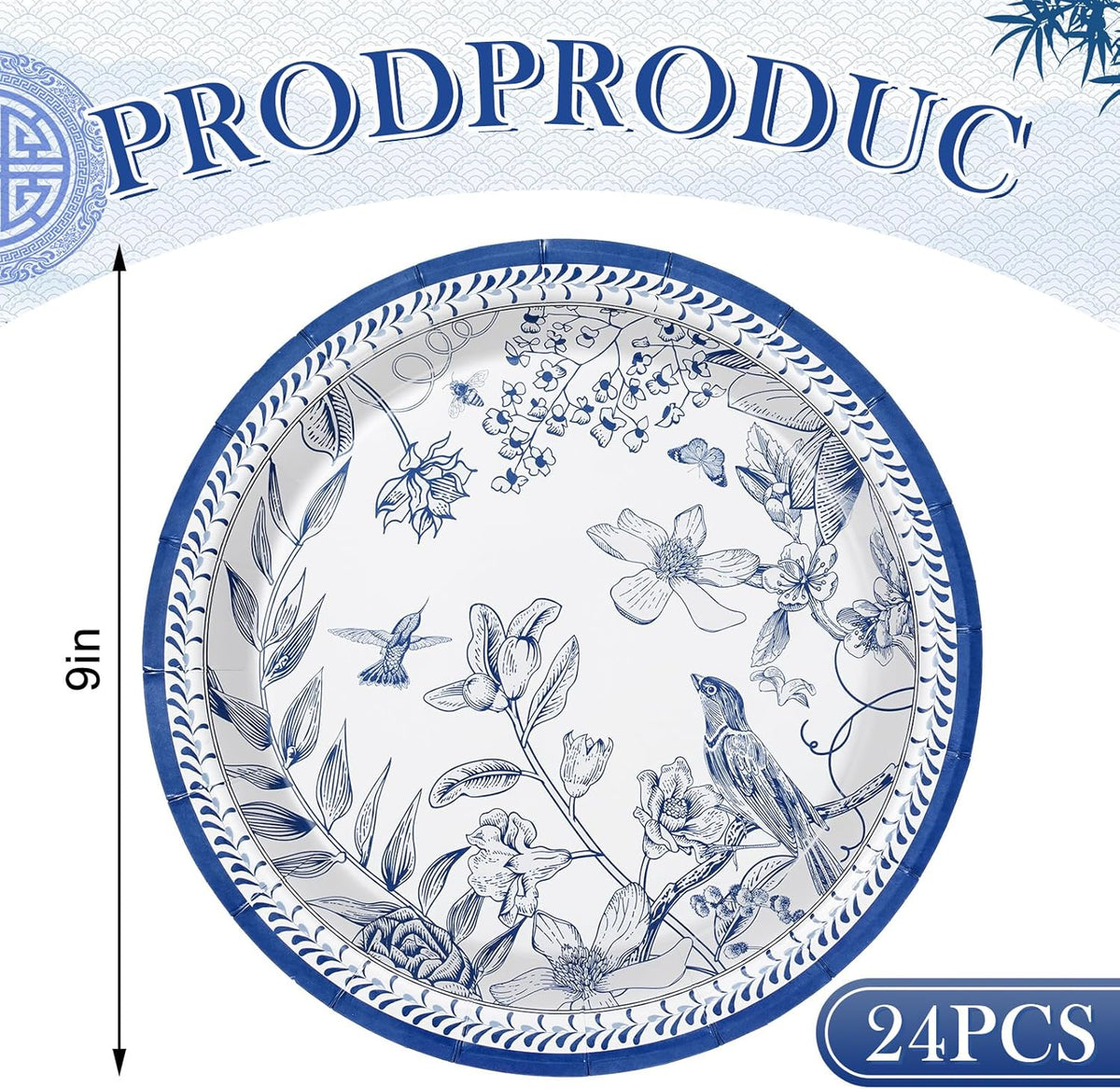 24Pcs Blue White 9 Inch Disposable Paper Plates Q1068