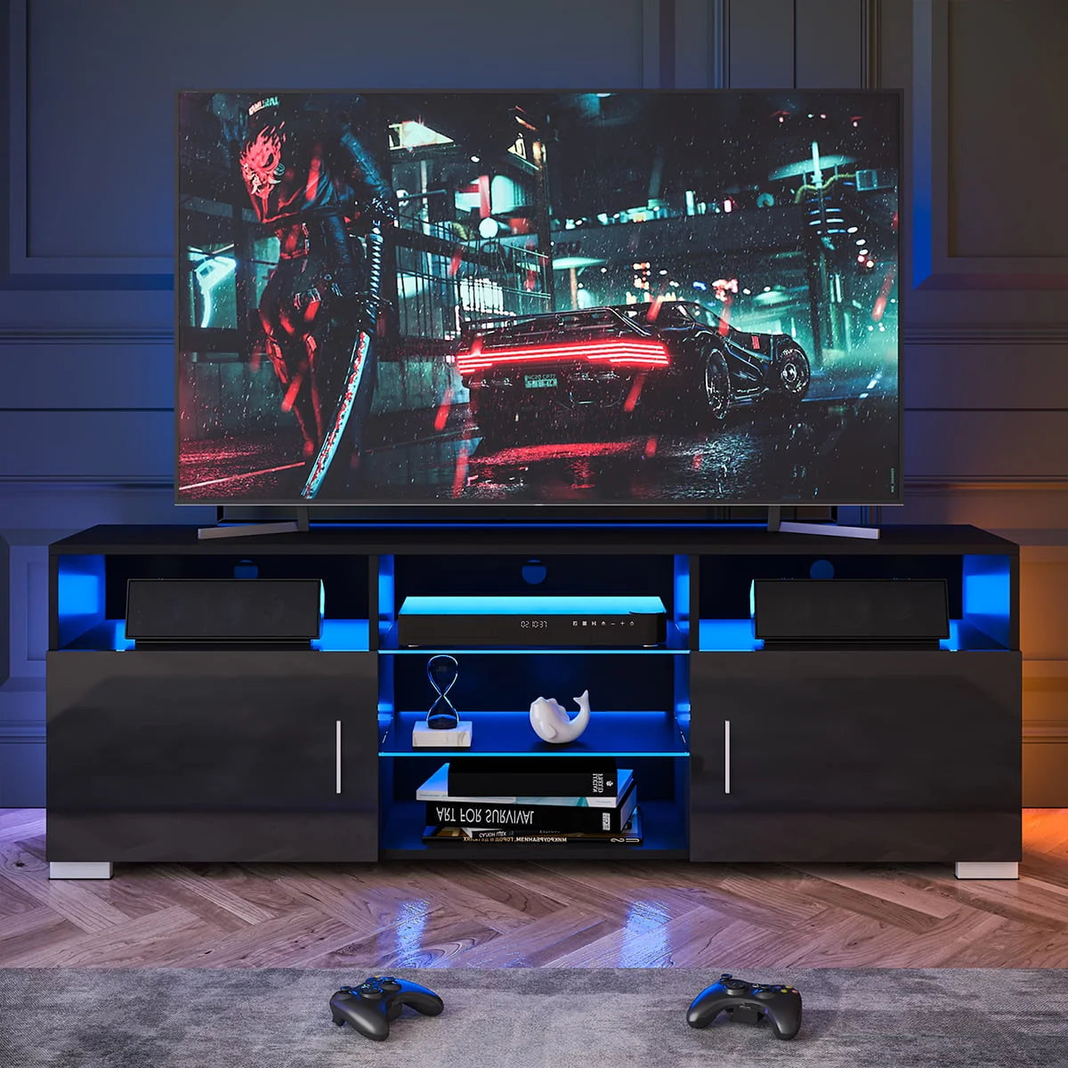 57'' TV Stand with RGB LED Light and Glass Shelves E2209