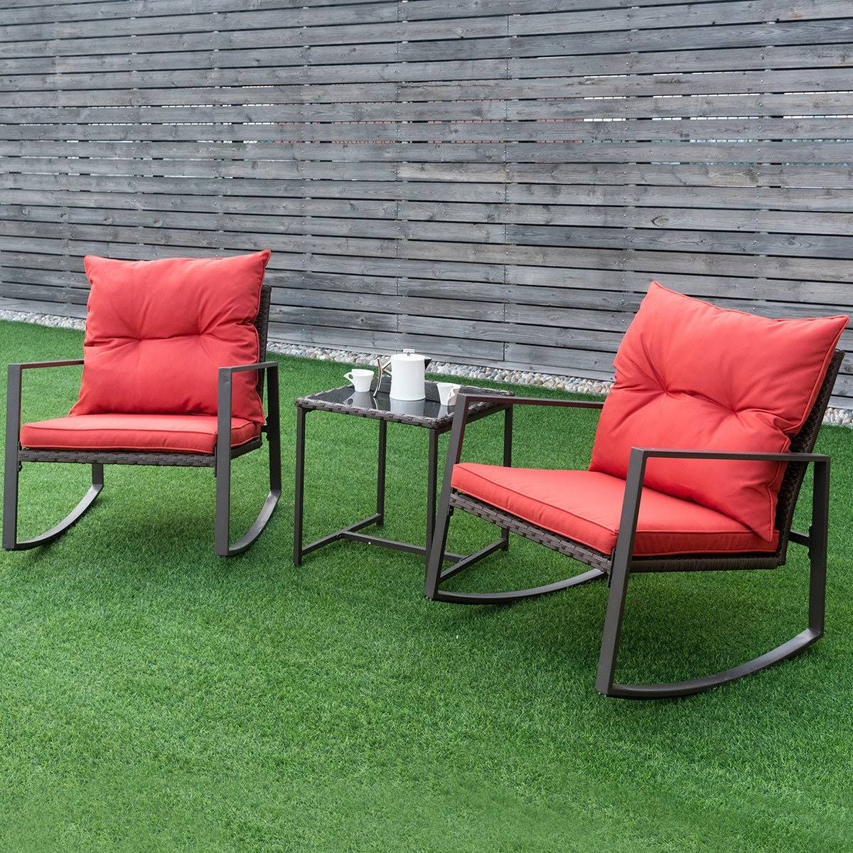 3-Piece Red Patio Wicker Bistro Furniture Set with 2 Rocking Chairs H968696