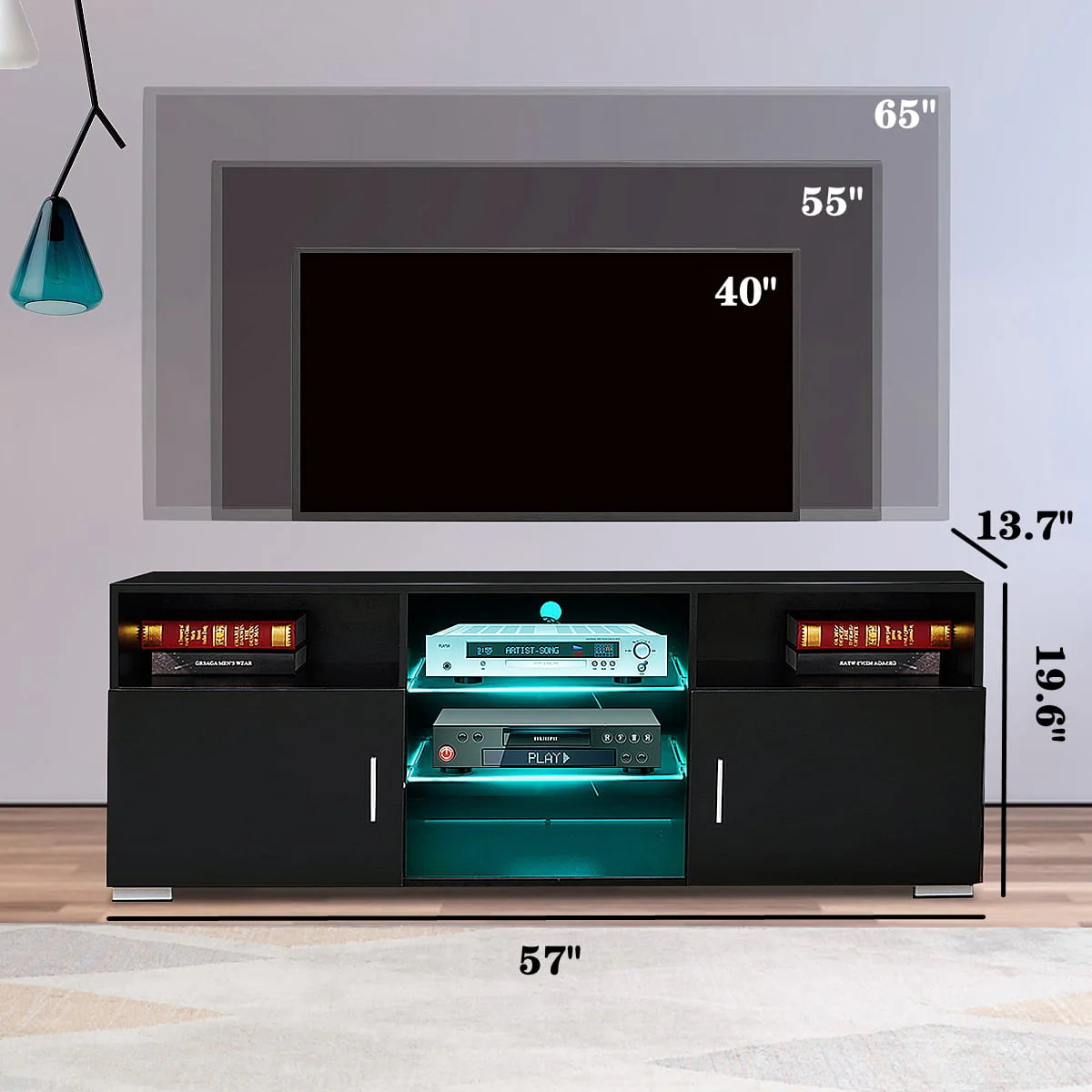 57'' TV Stand with RGB LED Light and Glass Shelves E2209