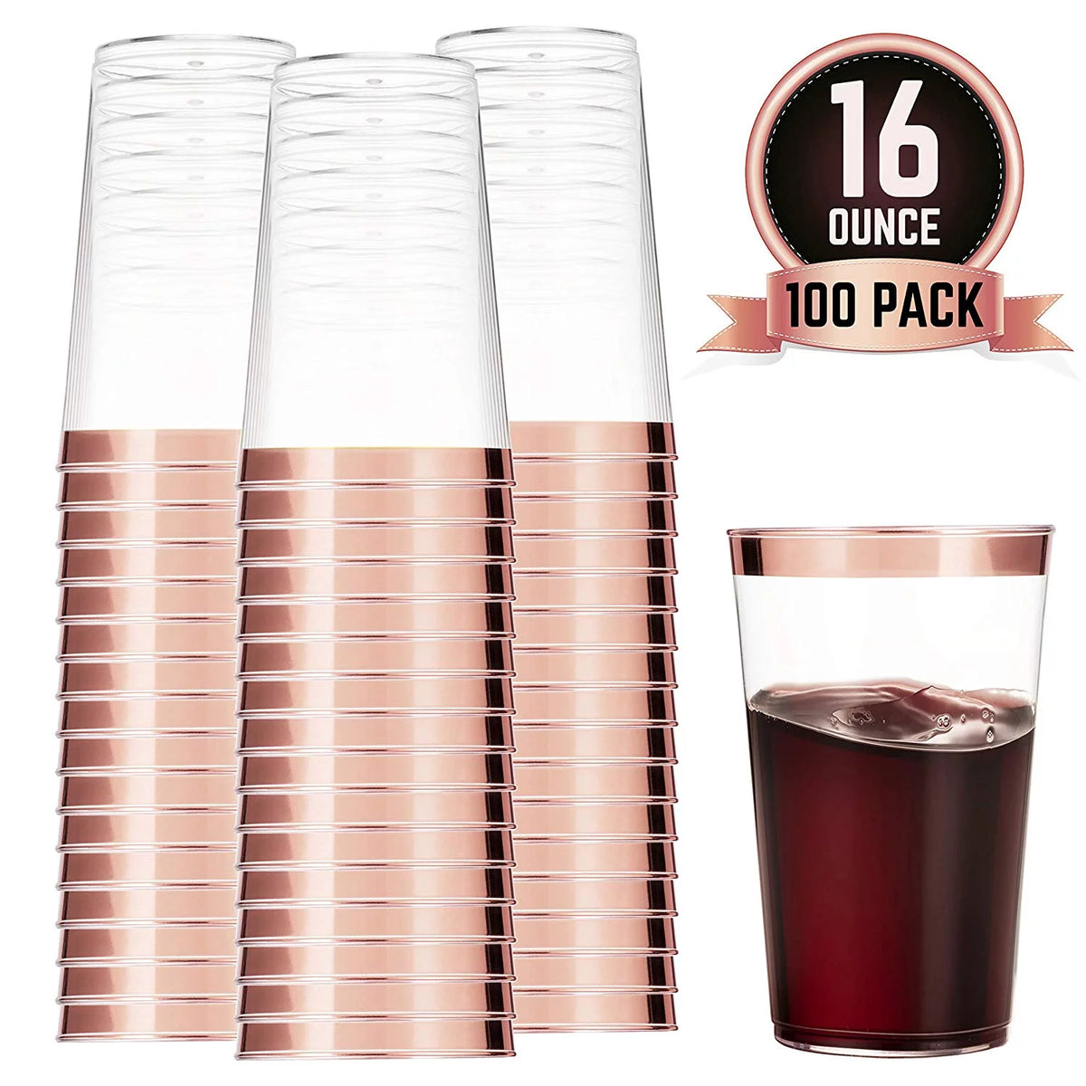 100 Rose Gold Rimmed 16 Oz Clear Plastic Cups H246996