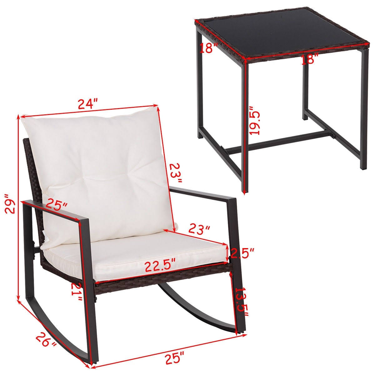 3-Piece Red Patio Wicker Bistro Furniture Set with 2 Rocking Chairs H968696