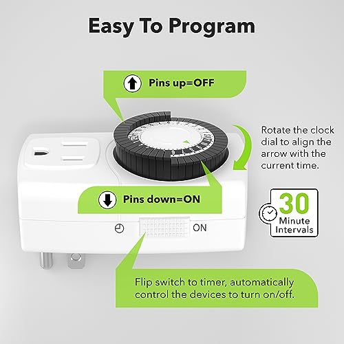 Indoor 24-Hour Mechanical Outlet Timer, 3-Prong, 2-Pack V85429