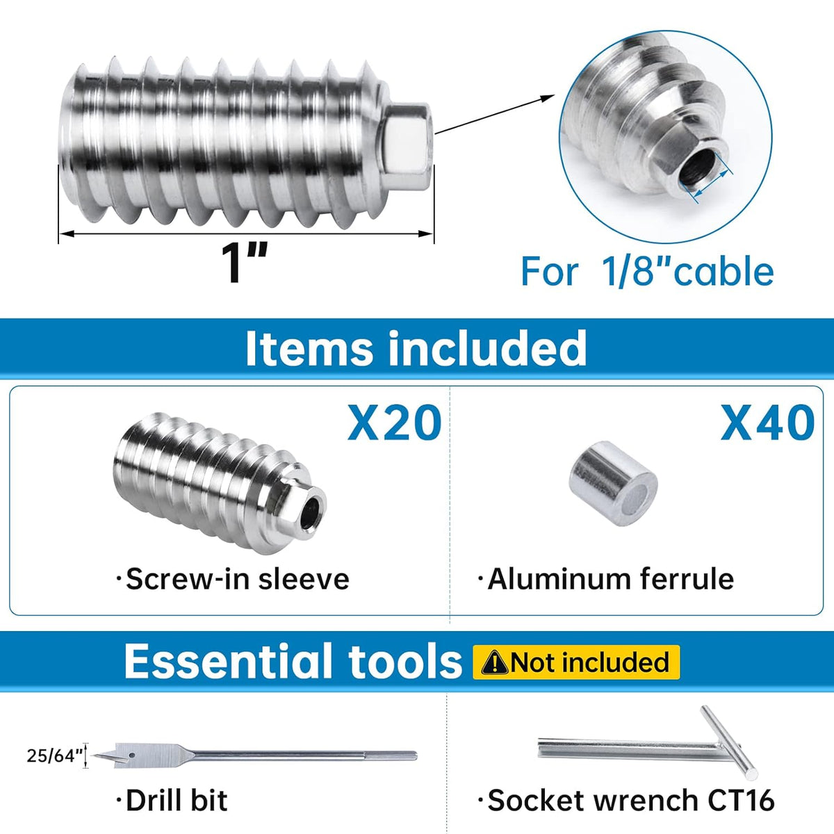 20Pack 1/8" Invisible Cable Railing Kit T316 Stainless Steel for Wood Posts Deck Stairs 10 Cable Lines G98899