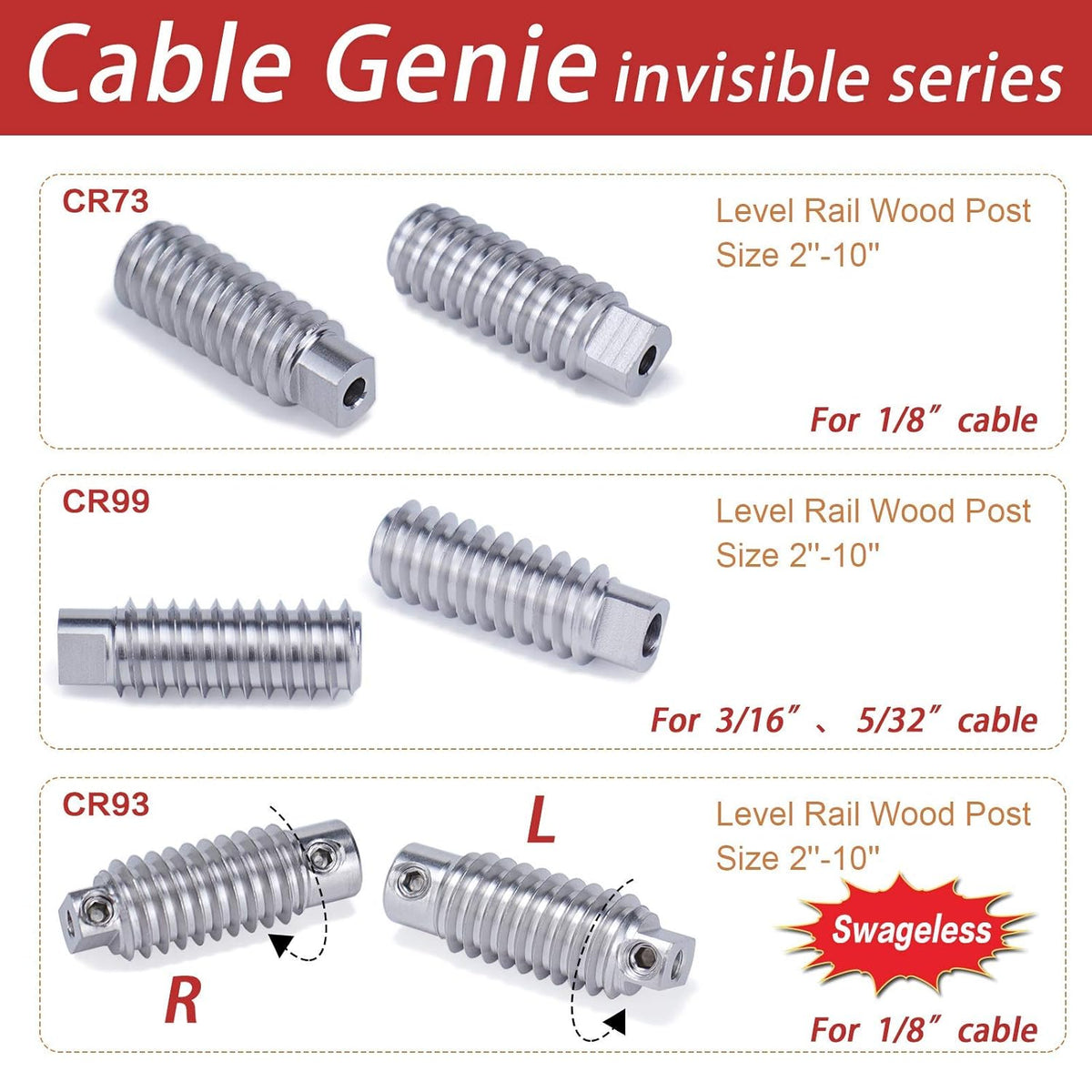 20Pack 1/8" Invisible Cable Railing Kit T316 Stainless Steel for Wood Posts Deck Stairs 10 Cable Lines G98899