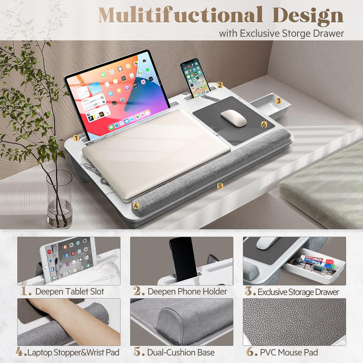 Foldable Lap Desk with Mouse Pad and Storage Drawer, Fits Up to 17" Laptop C5227
