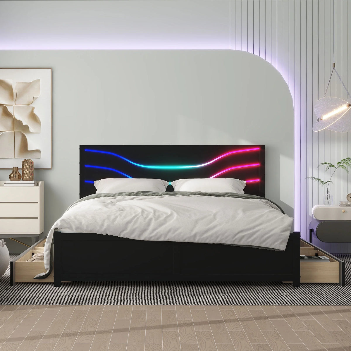 Queen Size Platform Bed with LED Light and 4 Storage Drawers Y8967