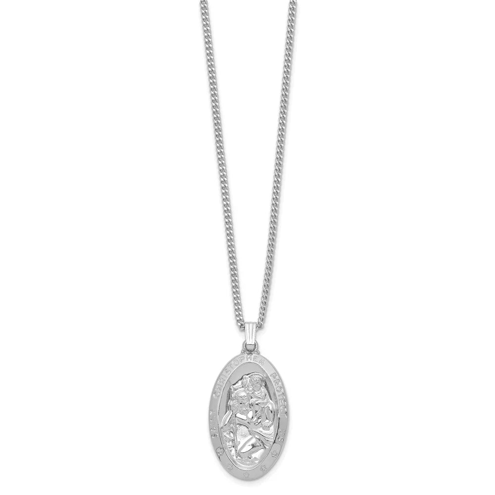 Rhodium-plated Oval St. Christopher Medal Necklace O626767